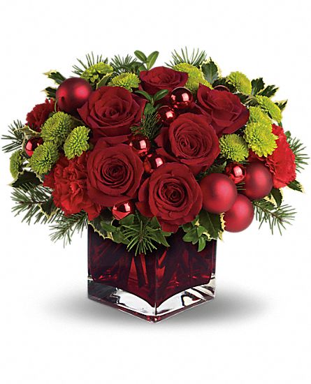 Boules rouges,Vase cube Noël  roses rouges et chrysanthemes vertes