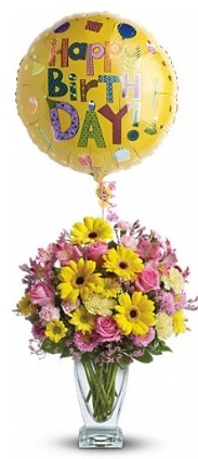 Happy birth day balloon and flower bouquet Cupidon Florist